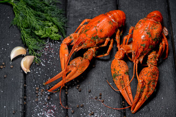 two large boiled crayfish with chastnyk and dill on a black background
