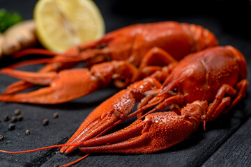 two large boiled crayfish on a black background with ginger and lemon macro photo
