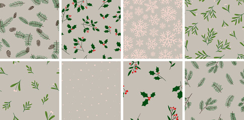 Collection of 8 winter hand drawn seamless patterns. Christmas vector textures. Happy New Year wrapping backgrounds