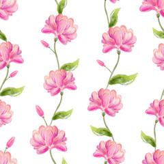 Fototapeta na wymiar Pink lotus or magnolia flowers - seamless watercolor pattern on White Background. Romantic flowers - vertical composition.