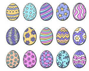 Set of hand drawn multi colored easter eggs. Ornaments for Easter design. Vector illustration in doodle style.