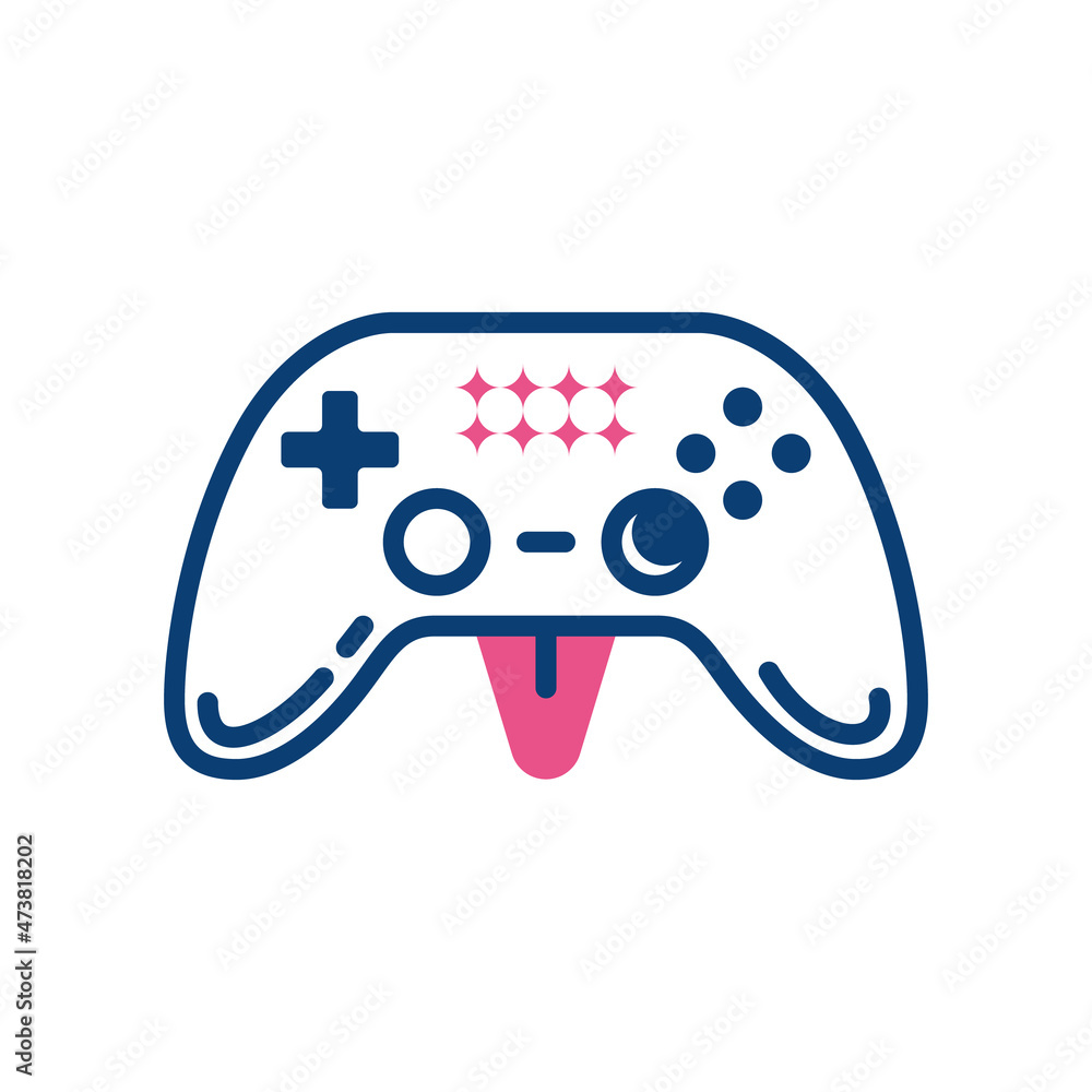Poster the line icon of a funny gamepad with a winking face has a blue and pink color is isolated on a whit
