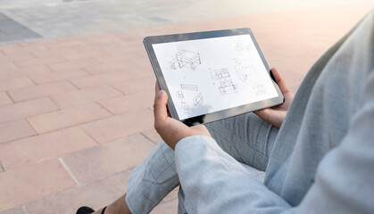 Female architect checking blueprint on digital tablet
