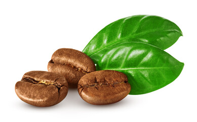 Coffee beans with leaves isolated on white background 