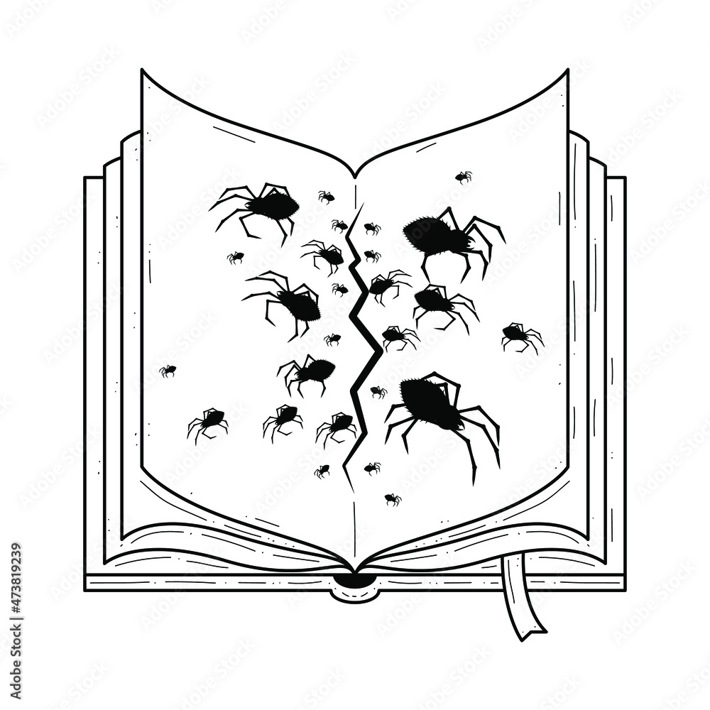 Poster abstract black simple line book with spiders doodle outline element vector design style sketch isola