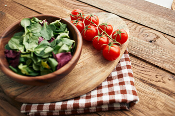 salad plate vegetables fresh ingredients wooden table kitchen