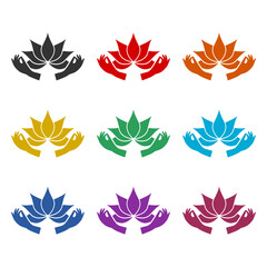 Lotus in hand icon isolated on white background, color set