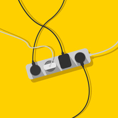 Electric extension cord. A mess of cables from extension cord, electrical wires, cords and chargers on a yellow background. Power strip. Cable management. Electric overload.