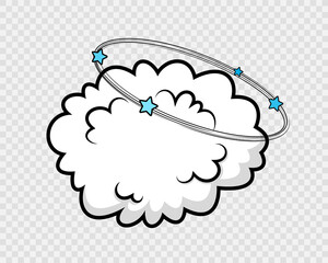 Comic cloud with wind and stars. Speech bubble in pop art style. Speed effect balloon. Explosion bomb frame. Cartoon element. Funny message shape. Sky air object. Vector illustration.
