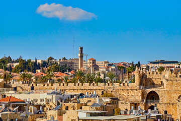 Panoramic view of the Damascus Gate from the roof the Austrian Hospice of Holy Family, a refuge for itinerant pilgrims, was opened in 1854 by Catholic Church of Austria in Holy Land. Jerusalem, Israel - obrazy, fototapety, plakaty