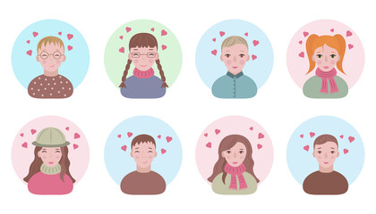 Faces of young people and children in love. Avatars of happy lovers of men and women and children. Portraits of smiling people on Valentine s Day. Funny faces with hearts above their heads. Vector