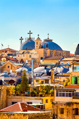 Panoramic view of Church of Holy Sepulcher from roof Austrian Hospice of Holy Family, refuge for...