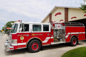 Fire engine at Wareham fire station. Massachusetts, USA: - obrazy, fototapety, plakaty