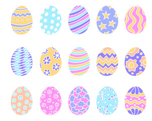 Set of hand drawn multi colored easter eggs. Ornaments for Easter design. Vector illustration in doodle style.