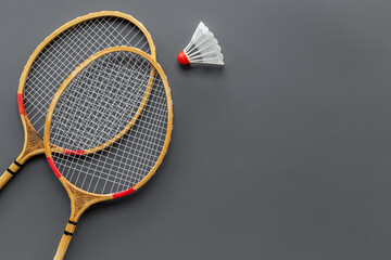 Flat lay of badminton rackets and shuttlecock. Top view