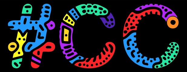 CC Hashtag. Multicolored bright isolate curves doodle letters. Trendy popular Hashtag #CC for social network, web resources, mobile apps. Stock vector.