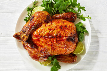 whole roast chicken, turkey on a plate with greens