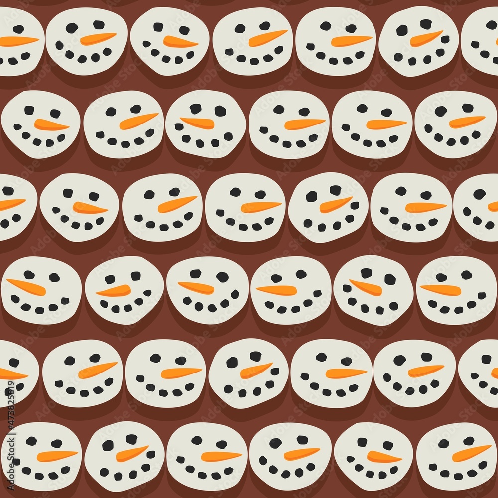 Poster cute smiling snowmen faces in horizontal rows floating in a hot chocolate background colorful winter
