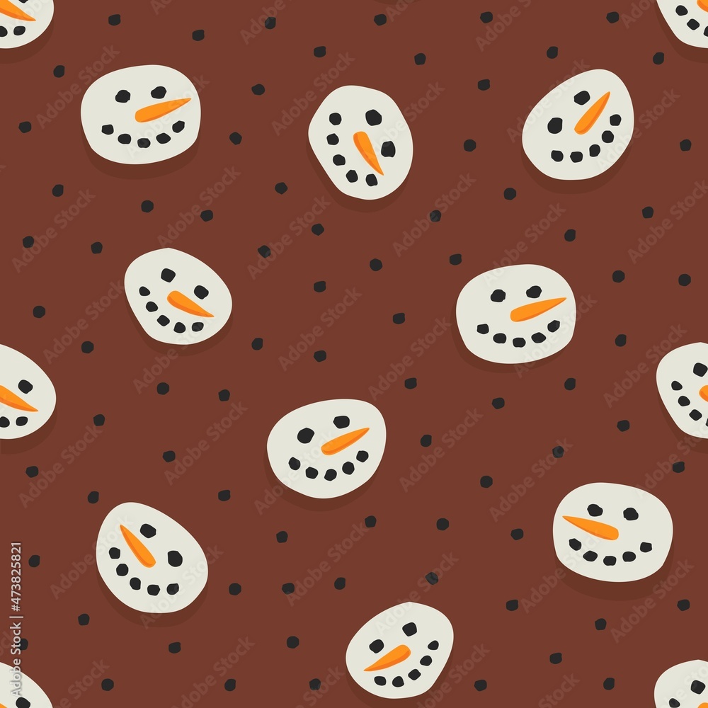Poster messy cute smiling snowmen faces and chocolate drops floating in a hot chocolate background colorful