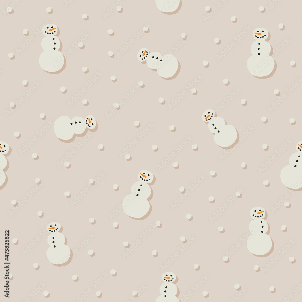 Poster messy cute smiling snowmen and white snow dots floating in a beige background colorful winter mood v