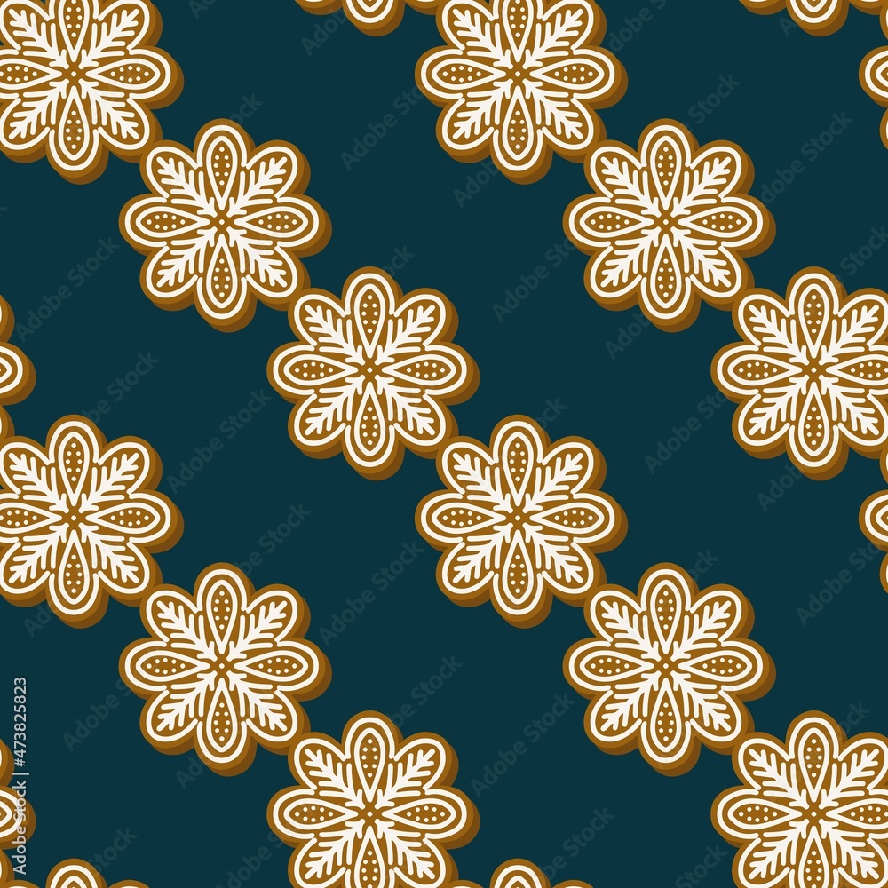 Poster flower shaped gingerbread cookies in regular diagonal rows isolated vector holiday seamless pattern 