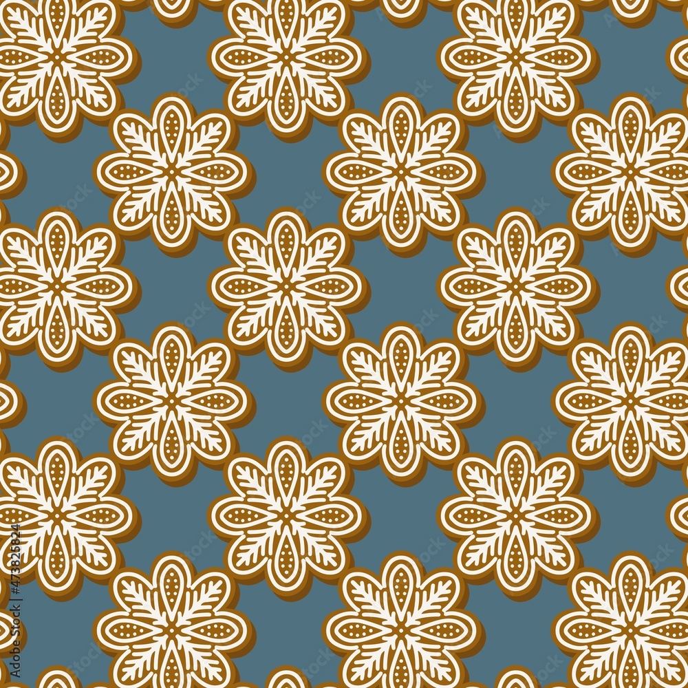Aufkleber flower shaped gingerbread cookies in regular diagonal rows isolated vector holiday seamless pattern 