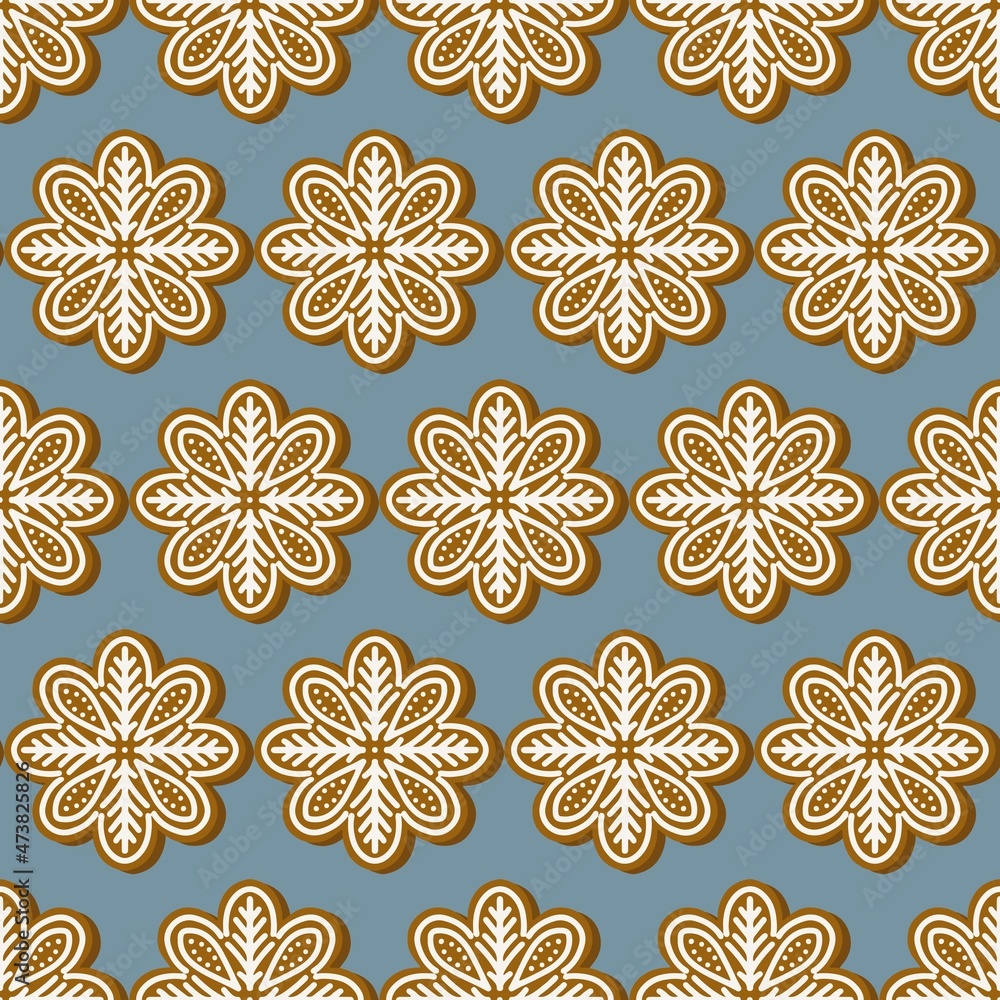 Poster flower shaped gingerbread cookies in regular horizontal rows isolated vector holiday seamless patter