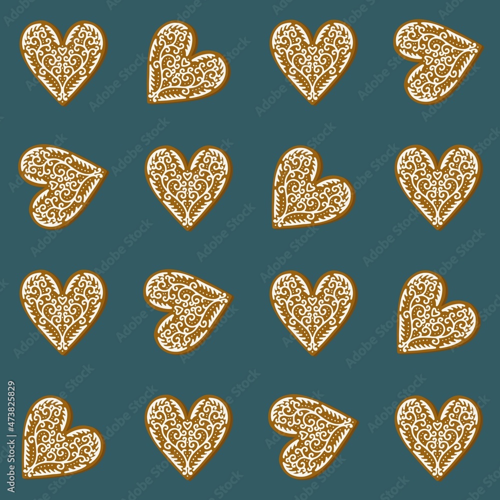 Poster heart shaped gingerbread cookies decorated with white icing in regular horizontal rows isolated vect