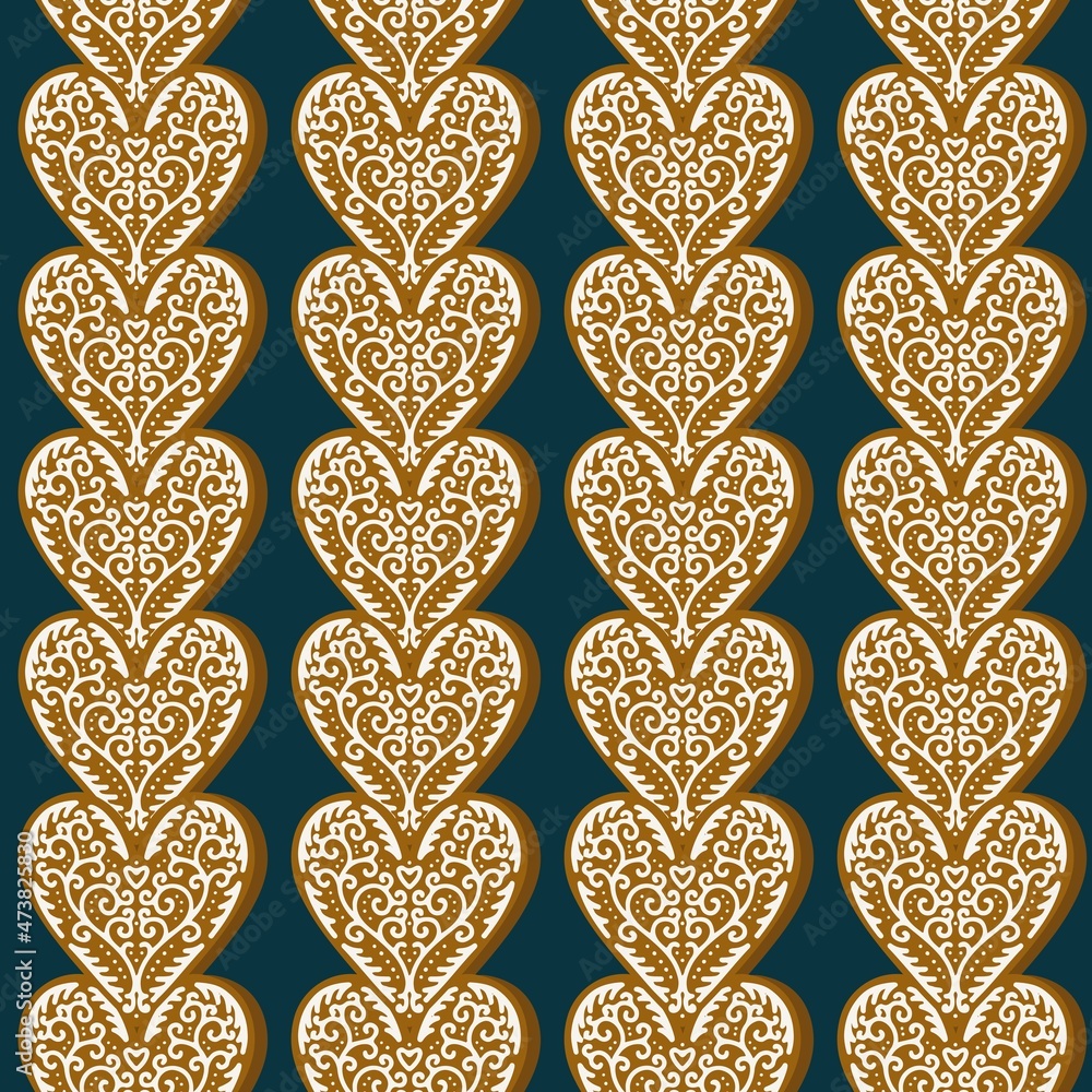 Poster heart shaped gingerbread cookies decorated with white icing in regular vertical rows isolated vector