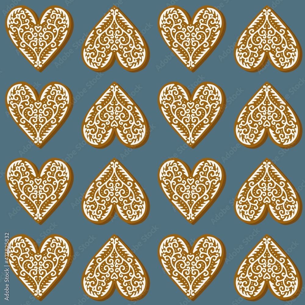 Poster heart shaped gingerbread cookies decorated with white icing in regular horizontal rows isolated vect
