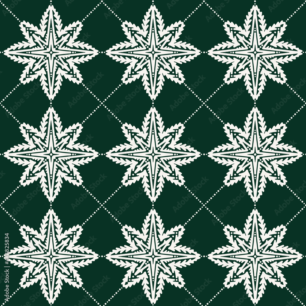 Poster star shaped gingerbread decorations in regular rows isolated vector holiday seamless pattern on gree