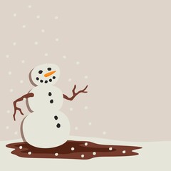 cute smiling snowman with falling snow beige brown white vector illustration for greeting card holiday poster with blank space for wishes or other text