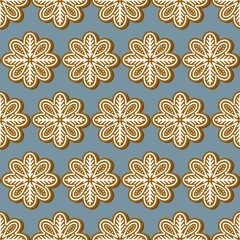 flower shaped gingerbread cookies in regular horizontal rows isolated vector holiday seamless pattern on gray blue background