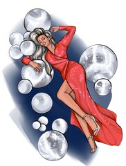 A girl in a long evening dress lies surrounded by shining disco balls. Woman with long blond hair. Style, elegance, glamor and retro. Illustration