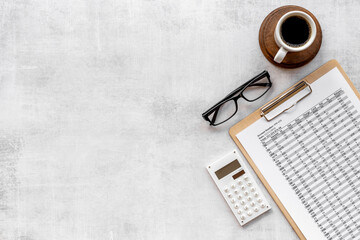 Taxes reports or bill calculating with calculator. Financial business concept