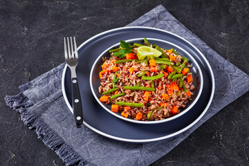 fried brown rice with green beans and carrot