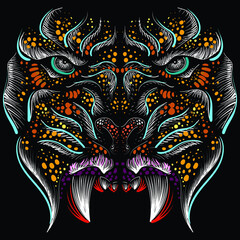 The Vector logo tiger for tattoo or T-shirt design or outwear.  Hunting style big cat print on black background. This hand drawing is for black fabric or canvas. New Year of the Blue Water Tiger 2022