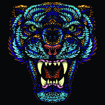 The Vector logo tiger for tattoo or T-shirt design or outwear.  Hunting style big cat print on black background. This hand drawing is for black fabric or canvas. New Year of the Blue Water Tiger 2022