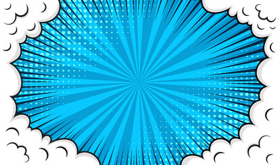 Pop art background with clouds, frame and halftone. Cartoon Superhero banner. Funny shape in comic style. Retro blue poster with balloons. Sky air texture. Vintage sunburst effect. Vector illustration - obrazy, fototapety, plakaty