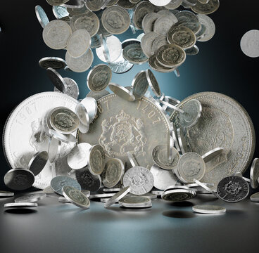 The silver Moroccan dirham falls to the ground with a black background. Moroccan Bank. 3D Render