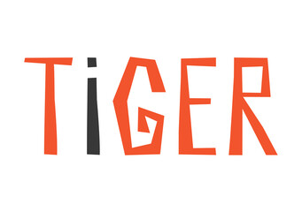 Vector isolated on white background hand drawn text - Tiger. Flat geometric letters in black and orange colors. Template to design banners and gift cards for celebration Chinese New Year