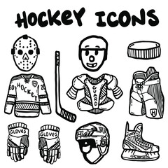Hockey equipment icon set in doodle style
