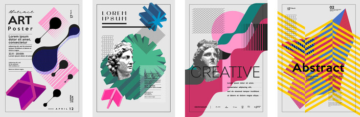 Art posters. Drawings and geometric shapes. Exhibition of painting. Abstract. Antique statues. Set of vector illustration.