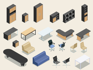 Office furniture isometric illustration collection. Flat isometric vector illustration. - obrazy, fototapety, plakaty