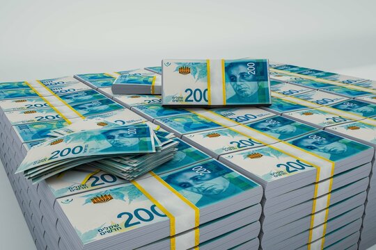 Money of Israel. Israeli new shell bills. ILS banknotes. 200 shekels. Business finance news background. 3d illustration.