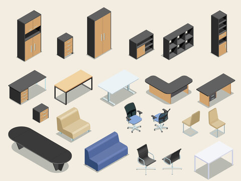 Office furniture isometric illustration collection. Flat isometric vector illustration.