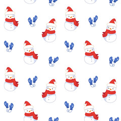 Cute Snowmen in red Santa Claus hats and mittens on a white background. Seamless pattern for the New Year. Christmas illustrations in cartoon childish style.