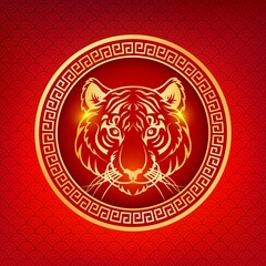 Golden Tiger Head in Round Decorative Ornament a Red Background Symbol of Asian New Year for Card. Vector illustration