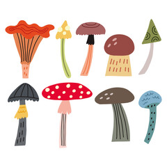 Hand Drawn set wild mushrooms elements in vector naive art illustration