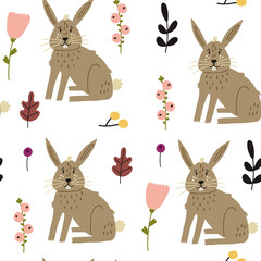 Seamless children pattern hare berries. Naive Digital paper, wallpaper for nursery room, baby textile fabric. Baby Shower hand drawn doodle vector design